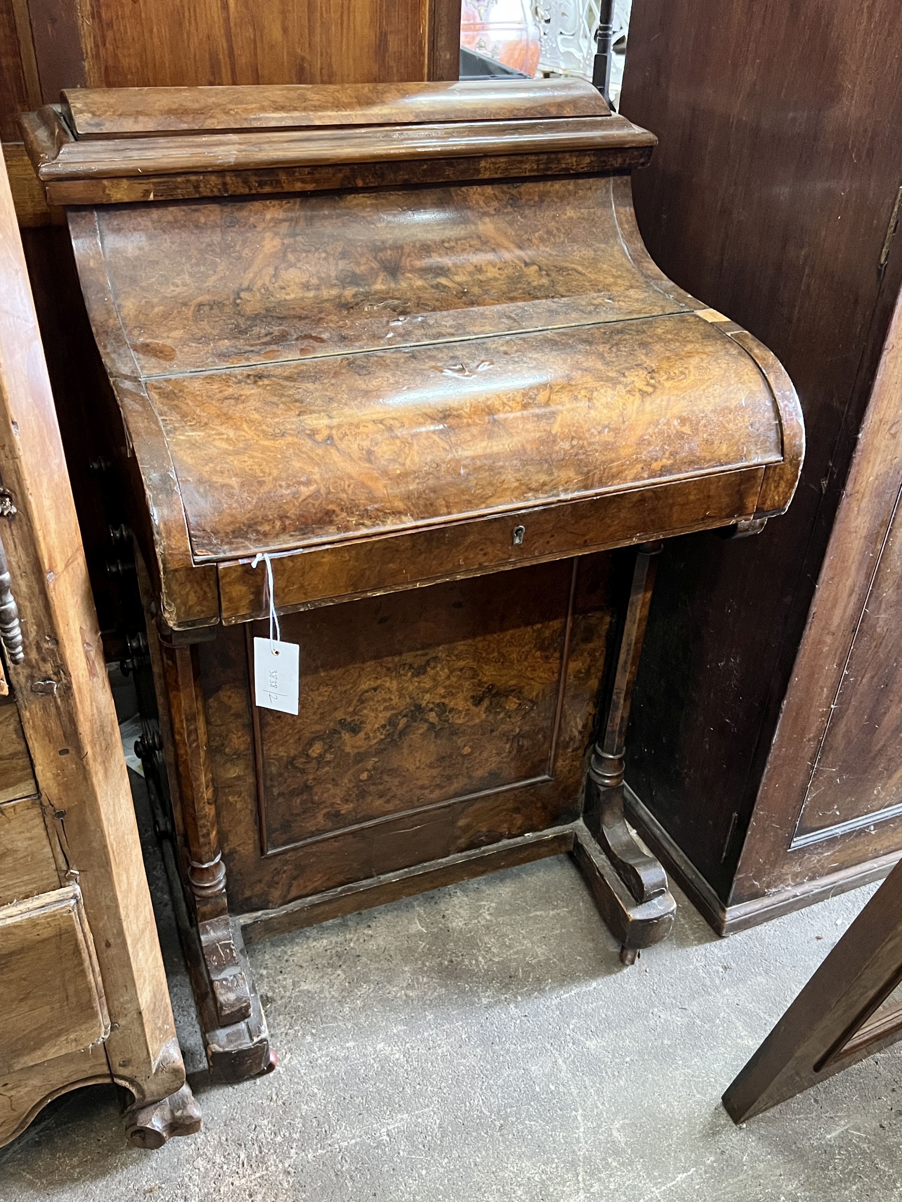 A Victorian walnut piano front pop up davenport width 58cm, depth 54cm, height 92cm